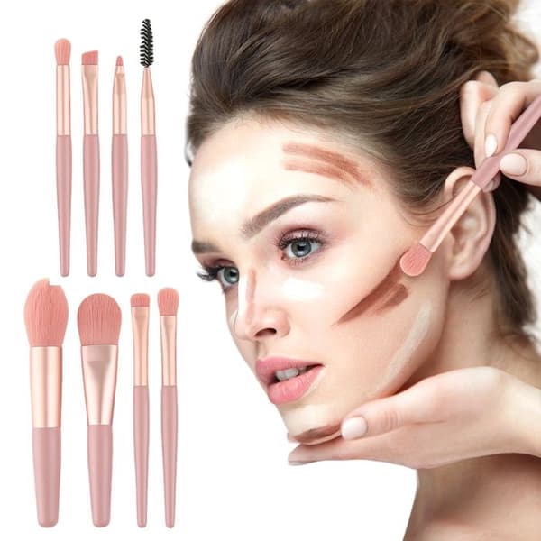 Bærbart 8-delt makeupbørstesæt til begyndere, pink