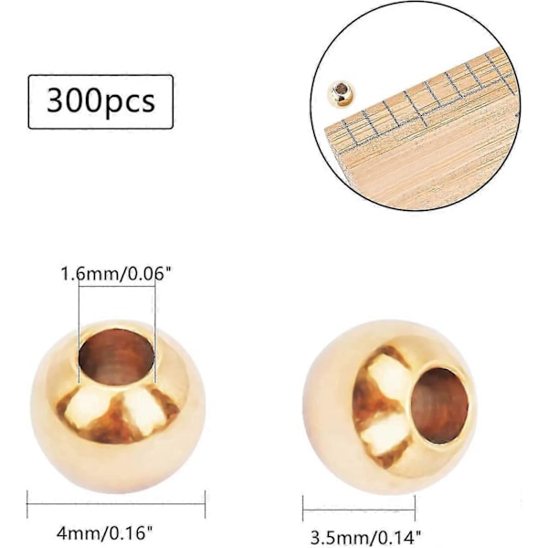 300 st 4 mm 14k guldpläterade mässingspärlor Långvarig plätering Runda släta distanspärlor för halsband, armband, örhängestillverkning - Aoba