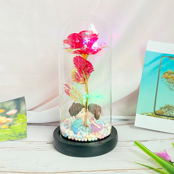 Valentinsdagsgave LED-lysemitterende dukkestil evig blomst kreative ornamenter，Bonus-Big Red Flower Kiss