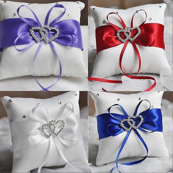 10x10cm Romantisk Brude-Bryllupsring Pude Dobbelt Hjerte Bånd Pude Dekoration-FARVE: Lilla