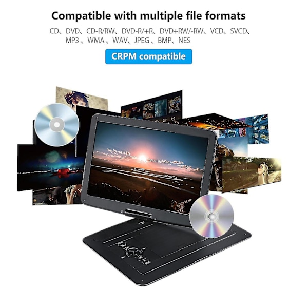 22\" Bærbar DVD-afspiller med 15,6 tommer rotationsskærm 1366x768 HD, 3500mAh batteri, stereolyd, regionsfri, vcd/dvd/cd/mp3/mp4 (sort)