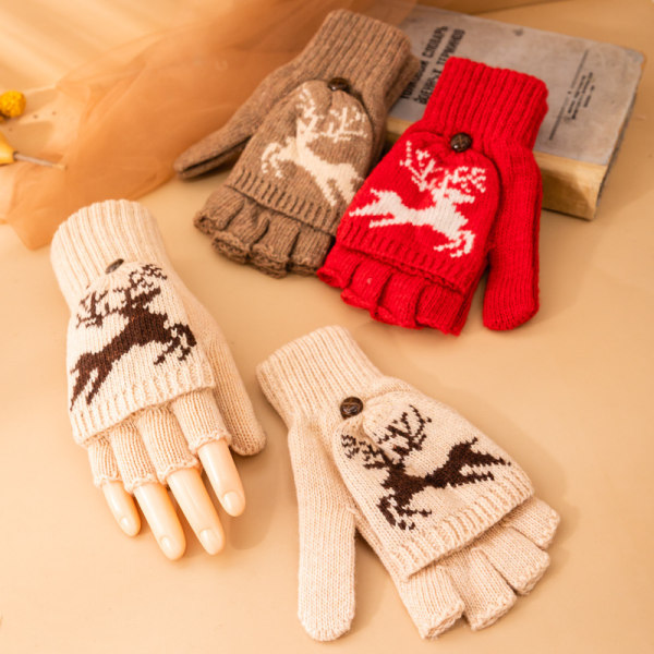 Elk Print Convertible Flip Naisten Käsineet Talvi Puolisormeton Paksu Lämpimät Jouluhanskat-jbk