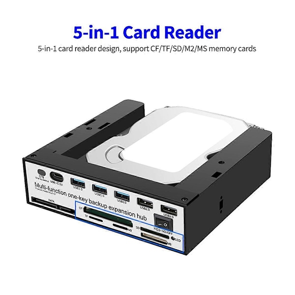 5.25 Tommer Frontpanel Udvidelseshub med 3 USB3.0 2 USB2.0 Porte 5-i-1 Kortlæser Understøtter One-Key