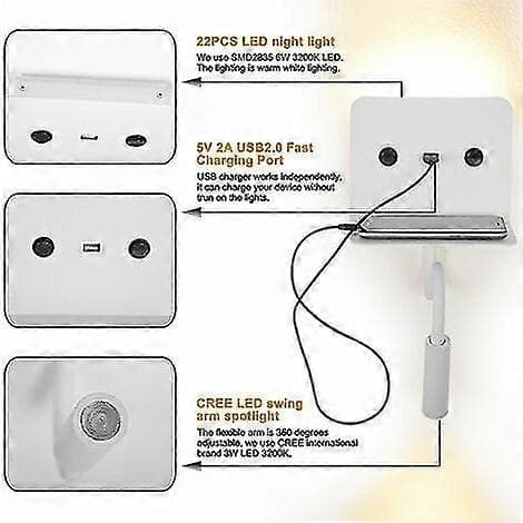 Væglampe + 3w Led Læselampe Med Usb Port Sort - Sort