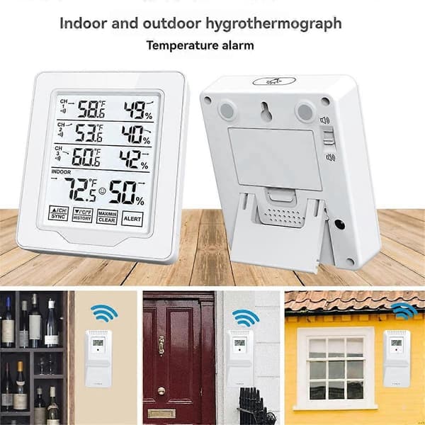 Digitalt Termometer & Hygrometer Innendørs Luftfuktighet med 3 Sensor Skjermdisplay Hvit Bakgrunnsbelyst Stor Skjermopptaker