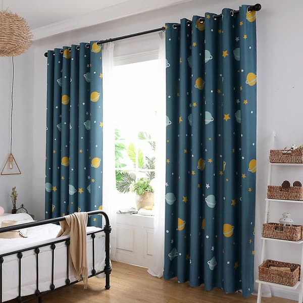 Polyester Mörkläggningsgardiner Tecknad Blå Planeter Ljussäker Gardin, för Sovrum Barnrum Vardagsrum (100×250 cm) (1 st)