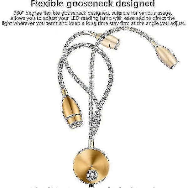 Dimbar LED Leselamper, veggmonterte leselys for sengegavl, fleksibel svanehals med berøringsdimmer, plugg inn kablet, 3 fargemoduser, 2 pakning