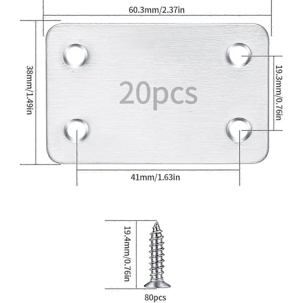 20 kpl Litteitä Rei'itettyjä Asennuslevyjä, Litteitä Suoria Kiinnityslevyjä, Litteitä Kiinnitysliittimiä, Liitinjatkoslevyjä - 38x60 mm