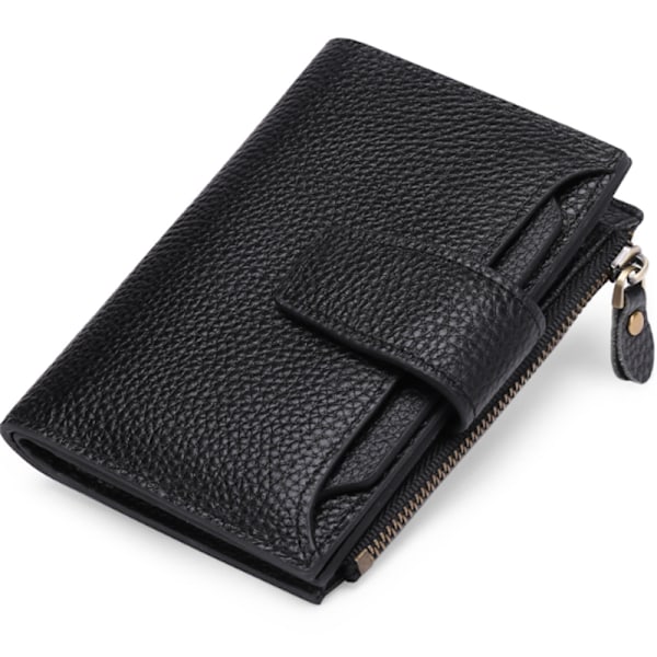 RFID Blocking Leather Wallet for Women, Small Compact Foldable Zipper Wallet Black