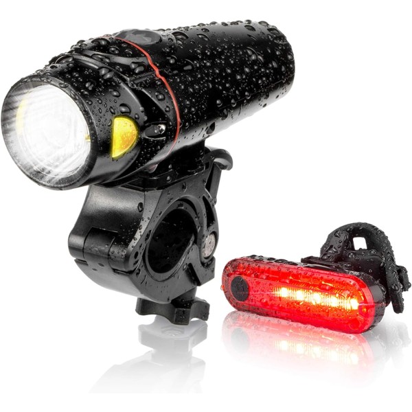 Cykellygtersæt, cykellygter USB genopladelig 4 lystilstand Vandtæt350LM LED-forlygte og baglygte-jbk