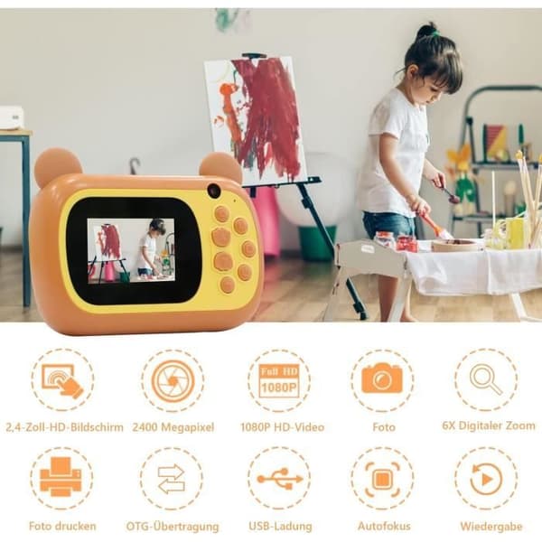 Barnkamera - 32GB - Gul - HD - Direktutskrift - 5 rullar papper