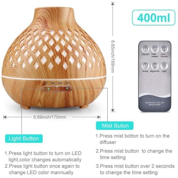 Æterisk oliediffuser, 400 ml ultralydsluftfugter med 7 farvede LED-lys til hjemmet, yoga, kontor, spa