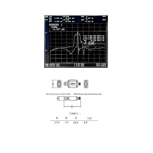 2000 MHz:n kaistanpäästösuodatin Fbp-2000s 2000 MHz:n RF-koaksiaalinen kaistanpäästö SAW-suodatin 1 dB:n kaistanleveys 5 MHz SMA-liitäntä