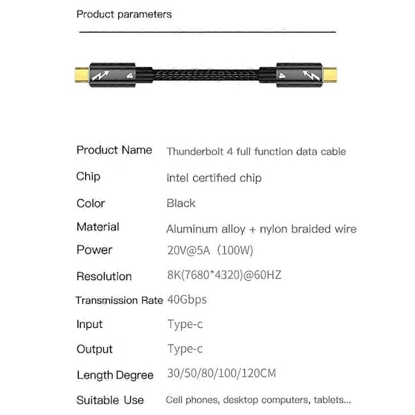 Typ A 0.8m Thunderbolt 4 USB 4 Nylonflätad Typ-C Kabel 40Gbps Datakabel 8K@60Hz Stöd PD