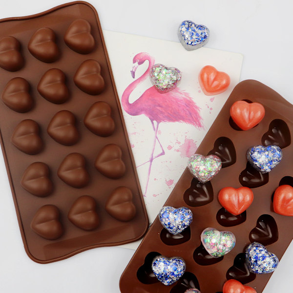 Is/Chokolade/Geleform med 15 Hjerter - Isform - Pralinform Brun 2 stk