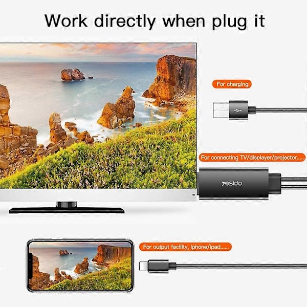 Type A YESIDO HM04 1,8 m Lightning - HDMI 1080P HD -videoadapterikaapeli USB-virtajohdolla