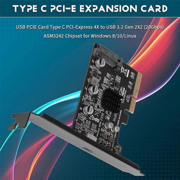 USB PCIE-kort Typ C PCI-Express 4X till USB 3.2 Gen 2X2 (20Gbps) ASM3242 Chipset för 8/10/Linux