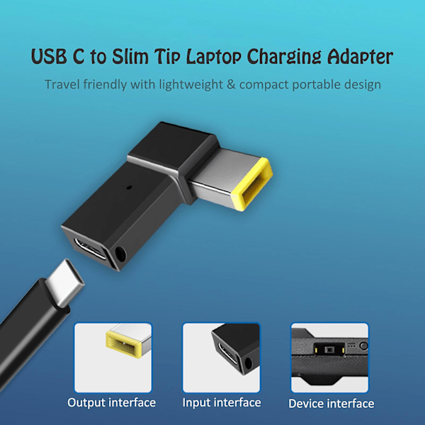 USB C till Slim Tip Square Jack Plug-omvandlare för Lenovo Laptop-laddning, 100W PD-adapterkabel