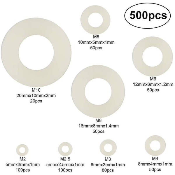 500 stykker plastskiver Nylon flate skiver M2 / M2.5 / M3 / M4 / M5 / M6 / M8 / M10 hvit tetningsskive for industrielle festemidler