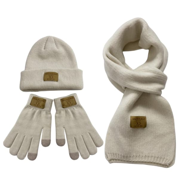 Vinter Beanie Hat Scarf Handsker Sæt Solid Tyk Varmt Elastisk Vindtæt Udendørs Strikket Hat Hals Farve: Hvid