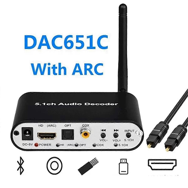 DAC651C 5.1 Audio Decoder Bluetooth 5.0 Receiver DTS AC3 FLAC APE HD til Kompatibel Extractor Converter EU Stik