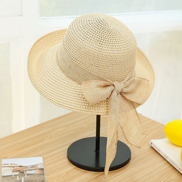 Stråhatt för damer, solhatt för stranden, hopfällbar med bred brätte, sommarhatt med UV-skydd Beige