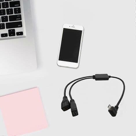 Micro USB 5-bens han til 2-hun splitterkabel, retvinklet opladerkabel