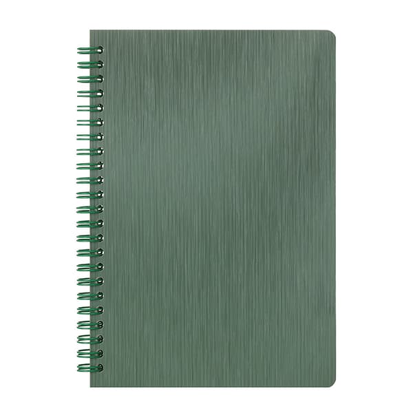 A5 notatbok, 80 ark, høy kvalitet, dobbel spiralinnbinding og polypropylenomslag med vertikale striper.