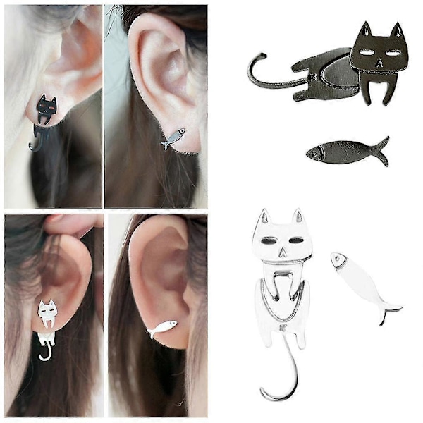 2xfish Katte Stud Øreringe Asymmetrisk Temperament Til Ansatte Fordele Kvinder Sort