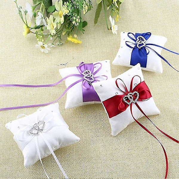 10x10cm Romantisk Brude-Bryllupsring Pude Dobbelt Hjerte Bånd Pude Dekoration-FARVE: Lilla