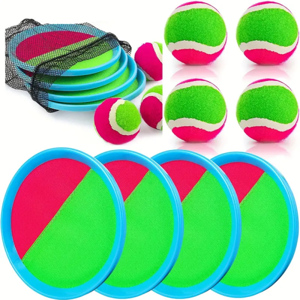 Sticky Ball børnelegetøj - udendørsspil, strandlegetøj, kaste- og boldsæt 4 padler og 4 bolde, perfekt strandspilslegeplads