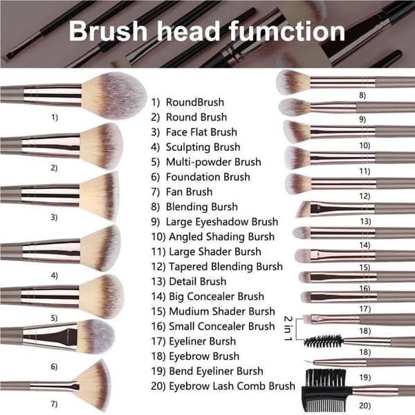 Sæt med 20 makeupbørster til foundation, øjenskygge, blush, concealer, kabuki blending børste
