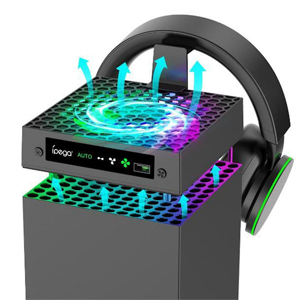 Køleventilator til spilkonsol med temperaturstyring, headset-ophængning, opbevaring og multifunktionel stander