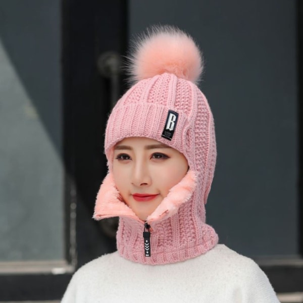 Talvi neulottu hattu huivi hattu talvihattu naisten lämmin huivi tuulenpitävä hattu vetoketjullinen kaulahuivi-jbk pink