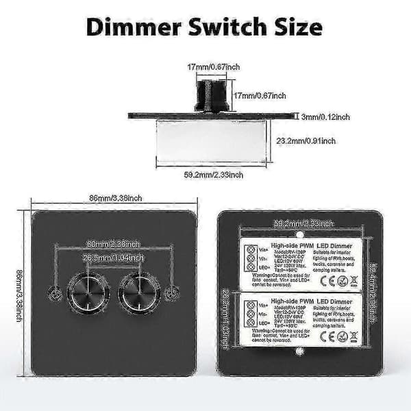 DC 12V-24V LED Dimmer Switch 2-vägs 120W Väggmonterad Tryck På/Av Rotationsdimmer - JZ