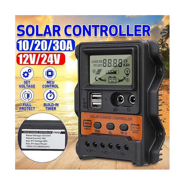 10A Solcelleladningsregulator 12V24V Solcellepanel Batterikontroller Regulator Auto 2 USB LCD-skjerm Lastutlaster