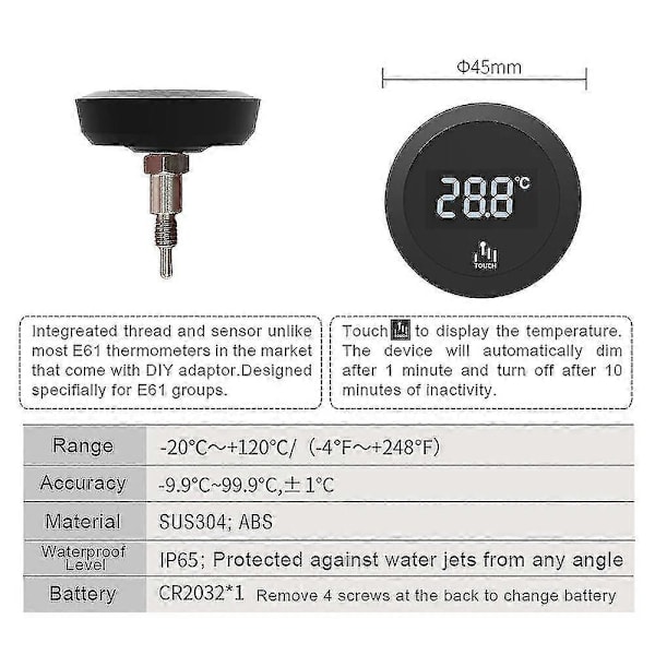 Termometer för E61 Grupp Kaffemaskiner Precisionsövervakning Touch Bakgrundsbelysning