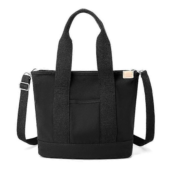 Multi-Pocket Tote Taske med Lynlås, Japansk Håndlavet Lærredstaske med Rum, Multifunktionel Skuldertaske sort