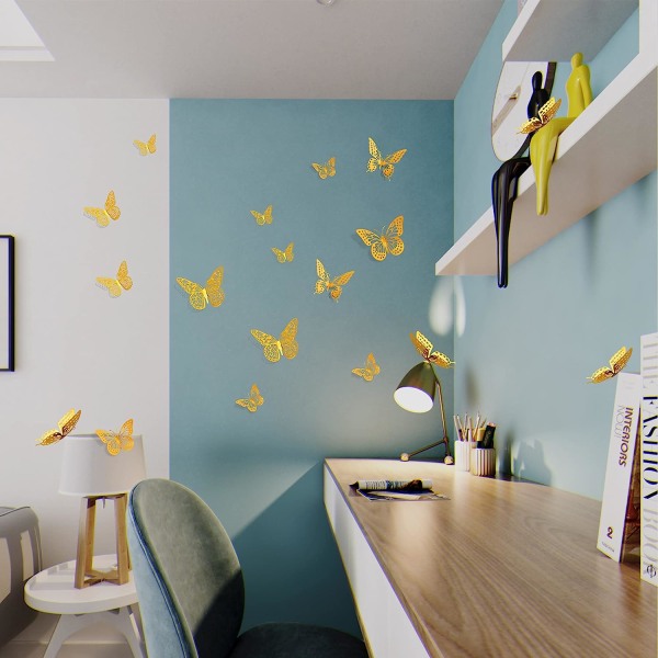 3D veggklistremerke gyllen sommerfugldekorasjon avtagbar vegg