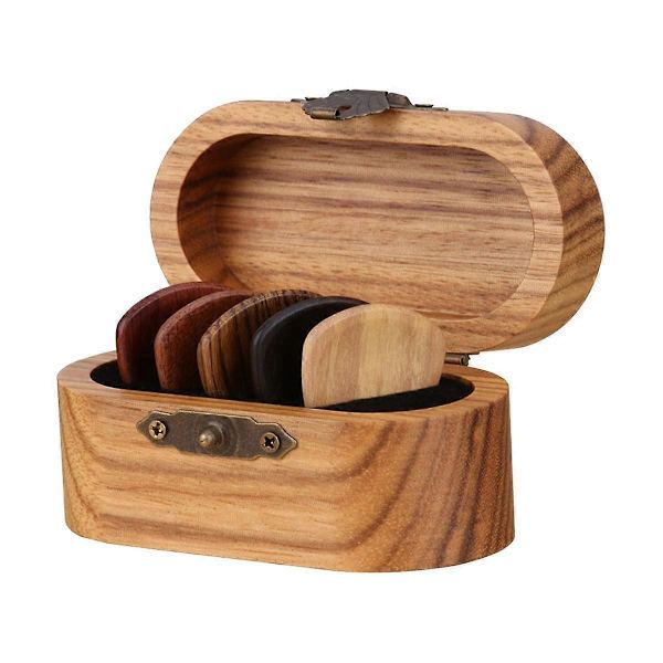 Gitarrplektrumhållare med träplektrum, gitarrplektrumfodral i trä, mini gitarrplektrumbox
