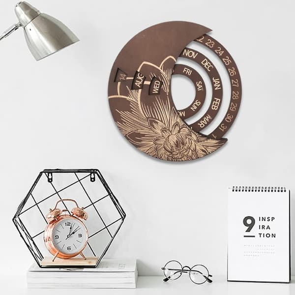 Väggkalender i trä Rund Månadskalender Evighetskalender Justerbar (brun)(1st