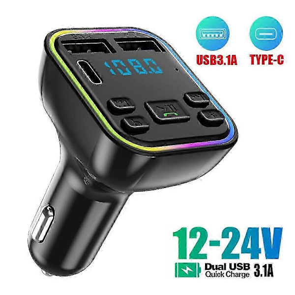 Bil Bluetooth FM Transmitter PD Dobbelt USB 3.1A Hurtig Oplader Adapter Farverigt Ambient Lys Håndfri MP3 Modulator Afspiller