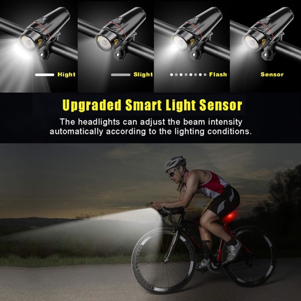 Cykellygtersæt, cykellygter USB genopladelig 4 lystilstand Vandtæt350LM LED-forlygte og baglygte-jbk