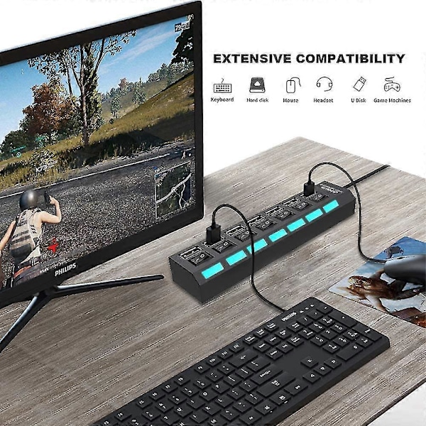 Multi Port USB Hub Splitter, 7-port USB 2.0 Hub for Laptop, USB Port Expander med Individuell På/Av-bryter Kompatibel for Alle USB-enheter, 5-pakning