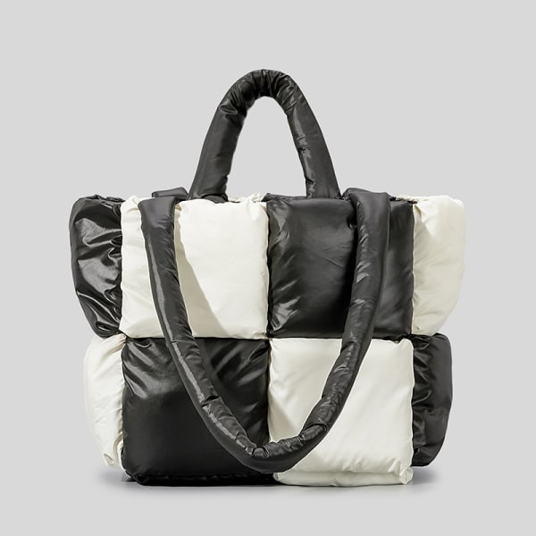 Handväska med dunjacka för kvinnor, mjuk rutad bomullsfylld axelväska, svart och vit rutig