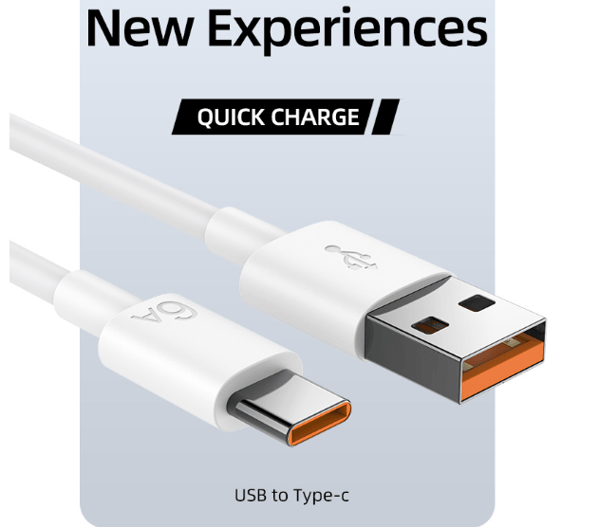 66W 6A Super snabb USB-C laddningskabel, kompatibel med Huawei, Xiaomi Vit 1 m