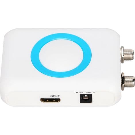 Brugsklar RF-modulator med HDMI-indgang, NTSC/PAL-udgang og VHF/AV-interface, velegnet til kabel-tv-systemer.