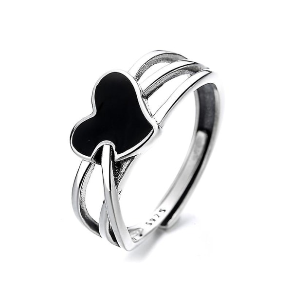 Double Band Black Love Heart Sterling hopea avoin säädettävä sormus, tyylikäs S925 Sterling hopea naisten sormus, hopea