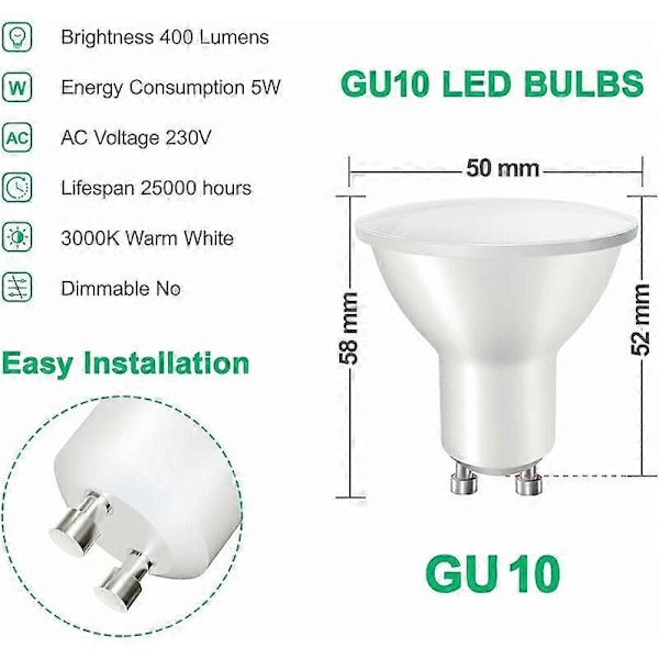 6 stk LED GU10, 40W Halogen Ekvivalent, 5W 6500K LED Spotlight Pære, Energibesparende LED Spotlight Pære, 120 Bredstråle G10 Taklampe, Ingen Stråling.