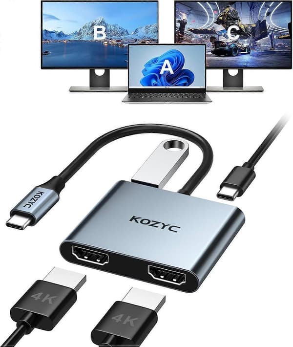 USB C til Dobbelt HDMI Adapter 4K@30Hz, USB C Hub Multiport Adapter med 2xHDMI, USB